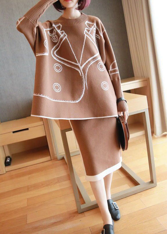 Stylish Khaki O-Neck Oversized Print Knit Two Pieces Set Batwing Sleeve LY1442 - fabuloryshop