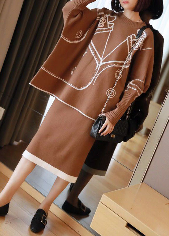 Stylish Khaki O-Neck Oversized Print Knit Two Pieces Set Batwing Sleeve LY1442 - fabuloryshop