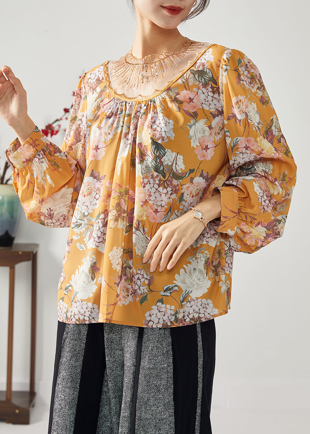 Stylish Khaki Sequins Tulle Patchwork Print Chiffon Shirt Top Spring LY1116 - fabuloryshop