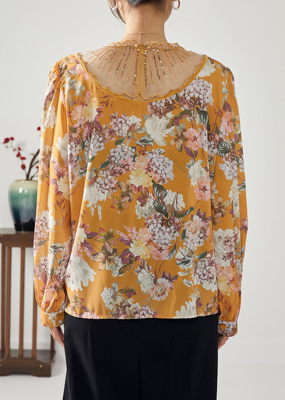 Stylish Khaki Sequins Tulle Patchwork Print Chiffon Shirt Top Spring LY1116 - fabuloryshop