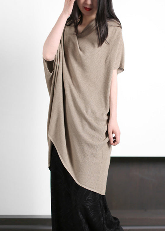 Stylish Khaki V Neck Asymmetrical Knit Tops Half Sleeve LY5106 - fabuloryshop