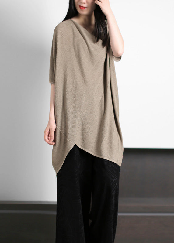 Stylish Khaki V Neck Asymmetrical Knit Tops Half Sleeve LY5106 - fabuloryshop