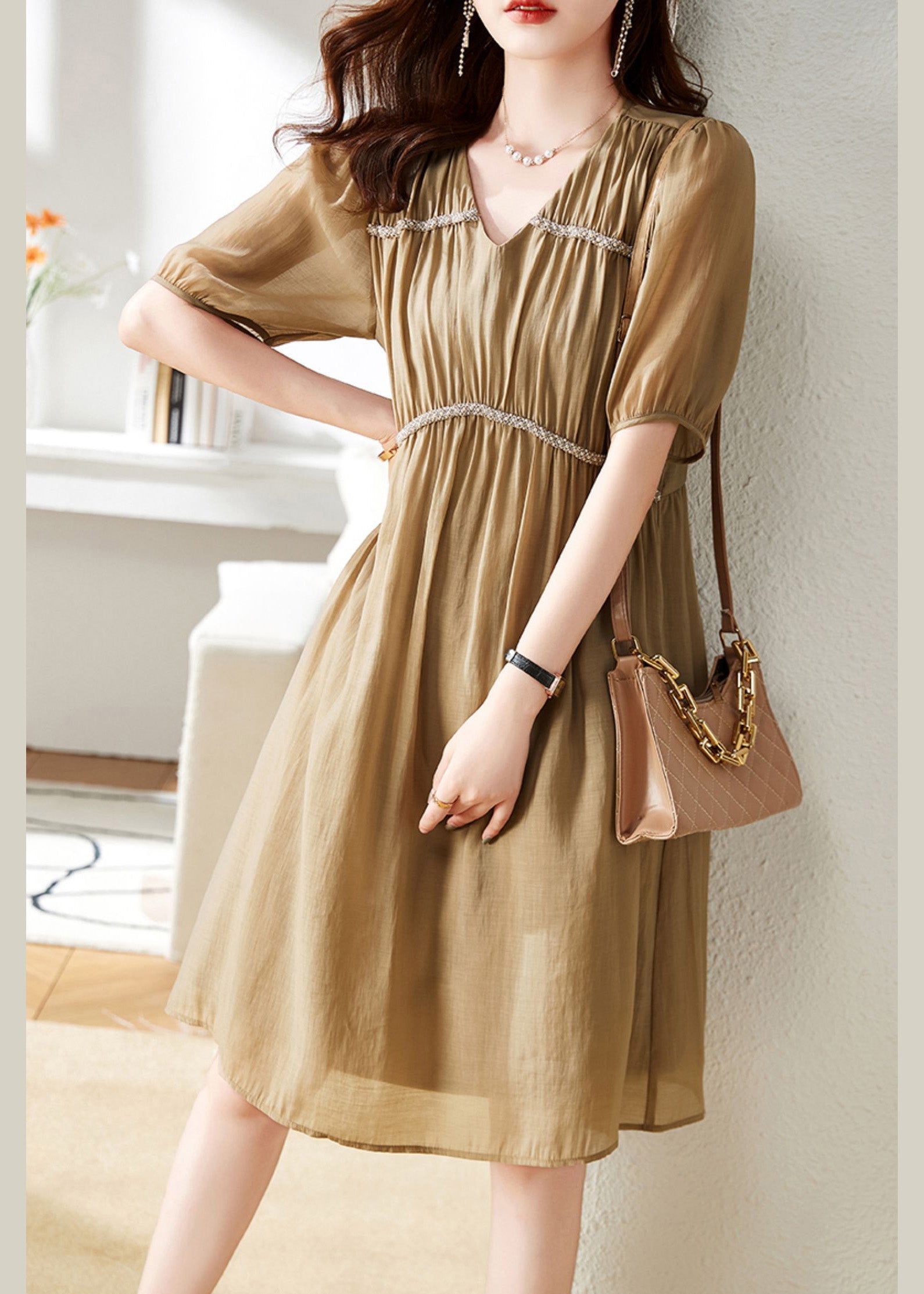 Stylish Khaki V Neck Patchwork Wrinkled Chiffon Maxi Dress Short Sleeve LY6165 - fabuloryshop