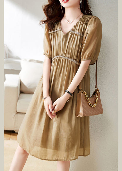 Stylish Khaki V Neck Patchwork Wrinkled Chiffon Maxi Dress Short Sleeve LY6165 - fabuloryshop