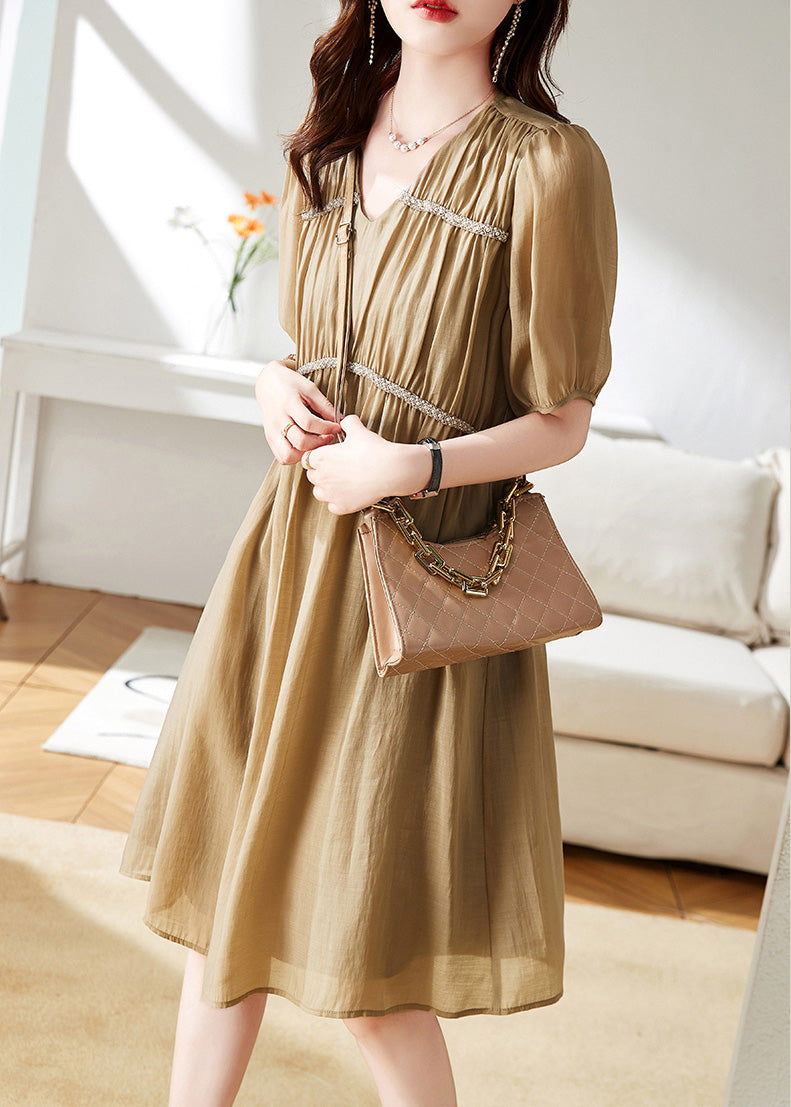 Stylish Khaki V Neck Patchwork Wrinkled Chiffon Maxi Dress Short Sleeve LY6165 - fabuloryshop