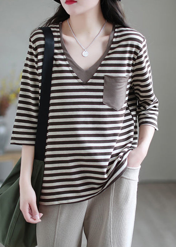 Stylish Khaki V Neck Striped Cotton Top Bracelet Sleeve Ada Fashion