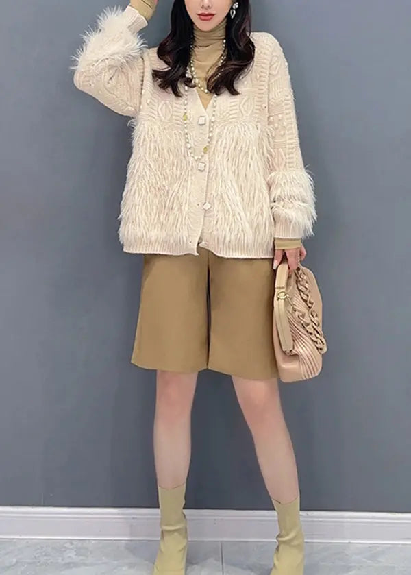 Stylish Khaki V Neck Tasseled Patchwork Knit Cardigan Fall Ada Fashion