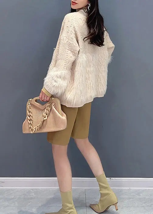 Stylish Khaki V Neck Tasseled Patchwork Knit Cardigan Fall Ada Fashion