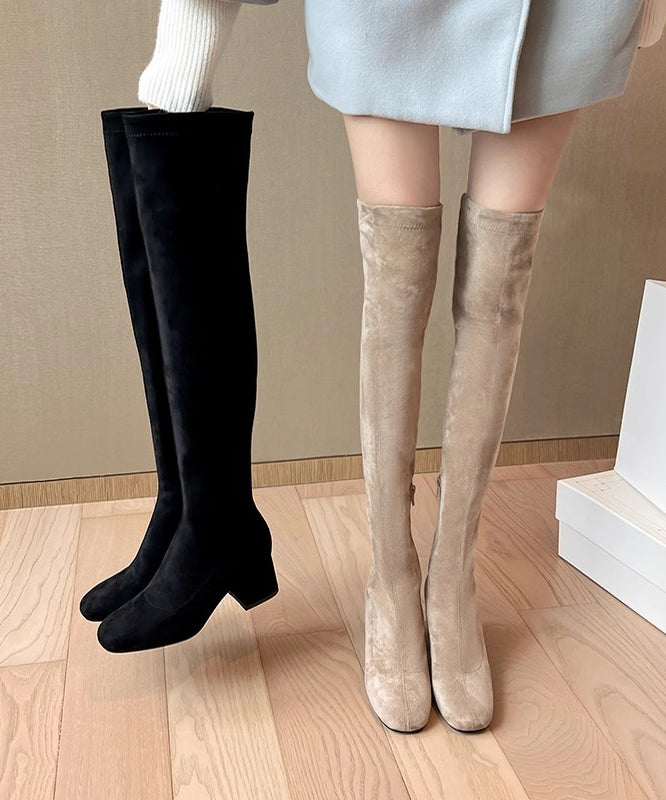 Stylish Khaki Velour Zippered Splicing Chunky Knee Boots Ada Fashion