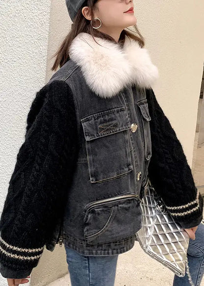 Stylish Knitted Patchwork Warm Fleece Denim Jacket Winter Ada Fashion