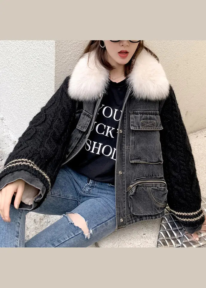 Stylish Knitted Patchwork Warm Fleece Denim Jacket Winter Ada Fashion