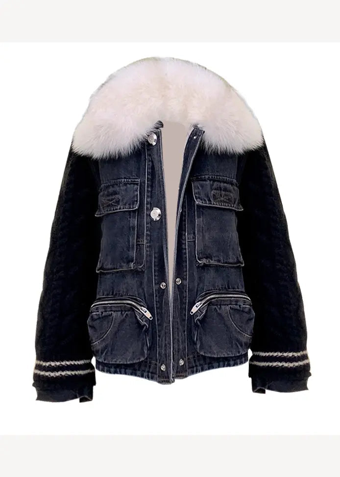 Stylish Knitted Patchwork Warm Fleece Denim Jacket Winter Ada Fashion