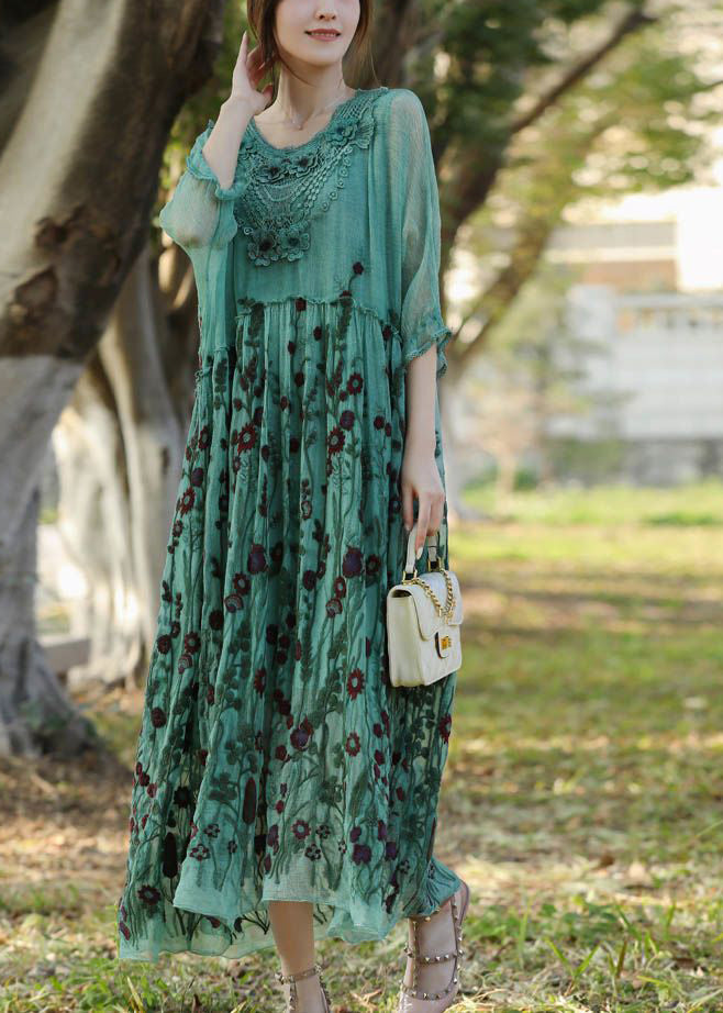 Stylish Lake Green Embroideried Patchwork Silk Long Dress Half Sleeve LY1003 - fabuloryshop
