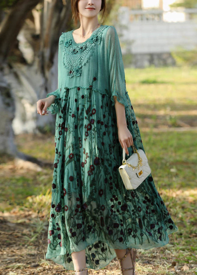 Stylish Lake Green Embroideried Patchwork Silk Long Dress Half Sleeve LY1003 - fabuloryshop