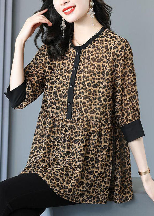 Stylish Leopard O Neck Wrinkled Patchwork Cotton Blouses Summer TP1047 - fabuloryshop