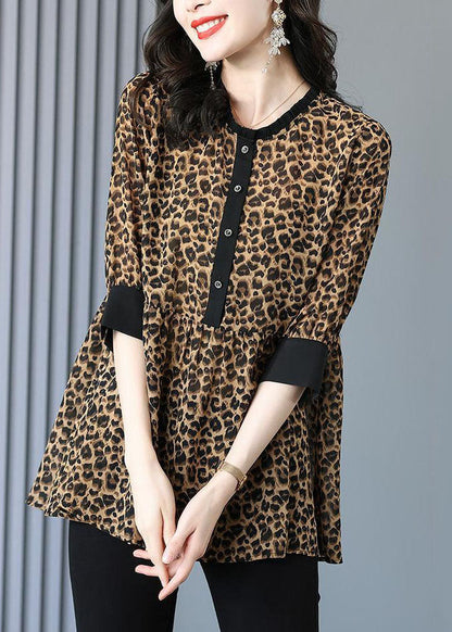 Stylish Leopard O Neck Wrinkled Patchwork Cotton Blouses Summer TP1047 - fabuloryshop