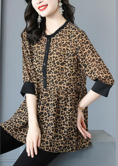 Stylish Leopard O Neck Wrinkled Patchwork Cotton Blouses Summer TP1047 - fabuloryshop