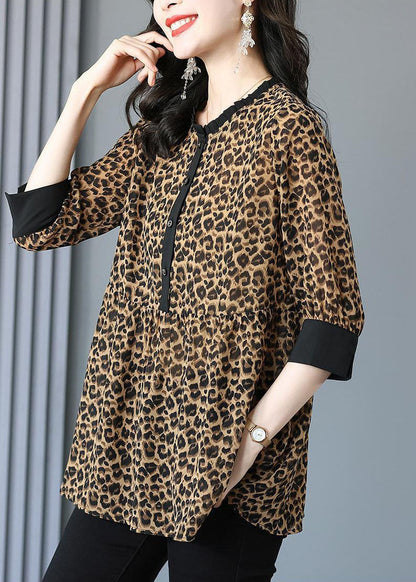 Stylish Leopard O Neck Wrinkled Patchwork Cotton Blouses Summer TP1047 - fabuloryshop