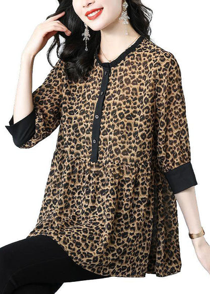 Stylish Leopard O Neck Wrinkled Patchwork Cotton Blouses Summer TP1047 - fabuloryshop