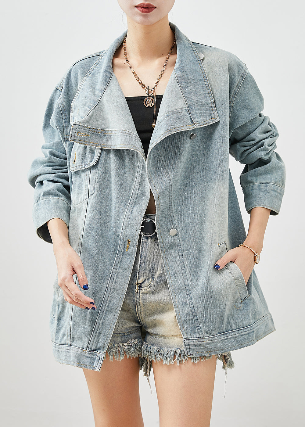 Stylish Light Blue Asymmetrical Denim Jackets Fall Ada Fashion