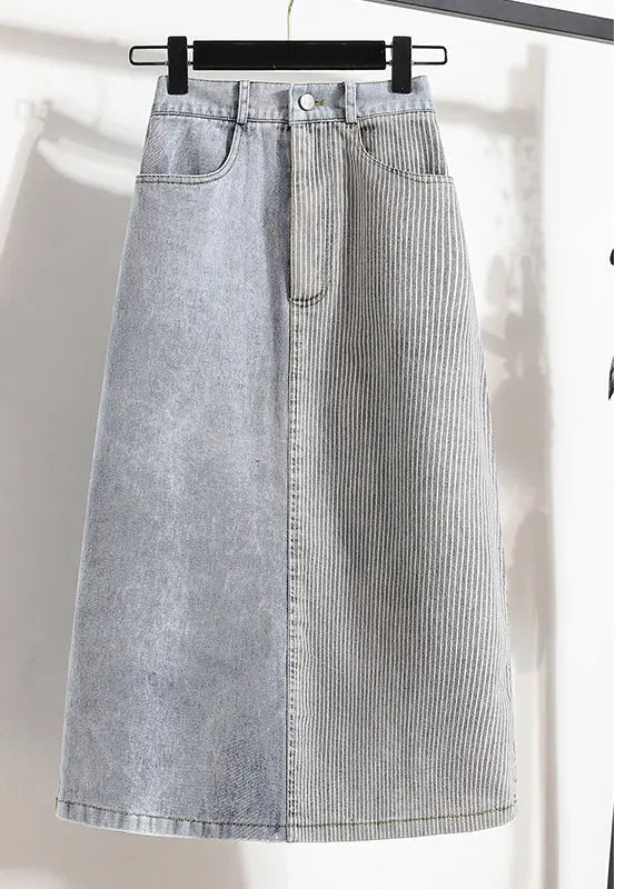 Stylish Light Blue Elastic Waist Patchwork Side Open Denim Skirt Summer Ada Fashion