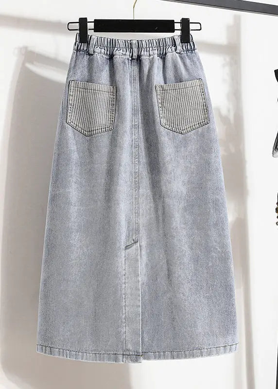 Stylish Light Blue Elastic Waist Patchwork Side Open Denim Skirt Summer Ada Fashion