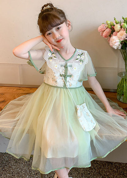 Stylish Light Green Embroideried Wrinkled Patchwork Tulle Kids Girls Dress Summer Ada Fashion