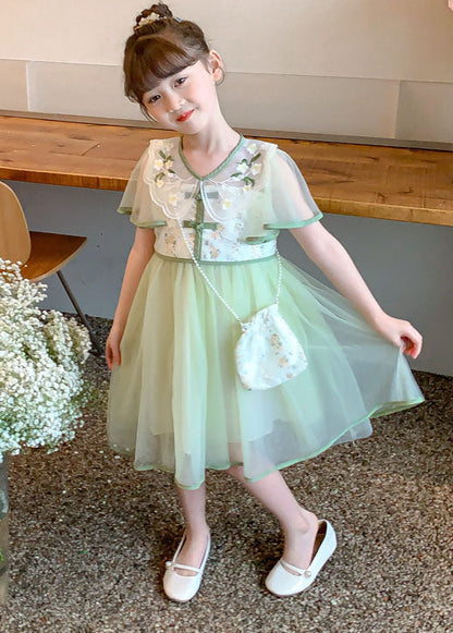 Stylish Light Green Embroideried Wrinkled Patchwork Tulle Kids Girls Dress Summer Ada Fashion