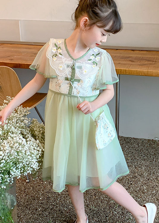 Stylish Light Green Embroideried Wrinkled Patchwork Tulle Kids Girls Dress Summer Ada Fashion