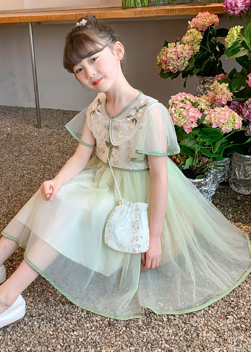 Stylish Light Green Embroideried Wrinkled Patchwork Tulle Kids Girls Dress Summer Ada Fashion