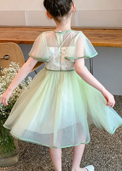 Stylish Light Green Embroideried Wrinkled Patchwork Tulle Kids Girls Dress Summer Ada Fashion