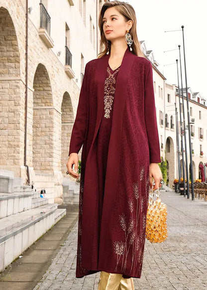 Stylish Mulberry Notched Cozy Jacquard Wool Knit Cardigan Long Sleeve Ada Fashion