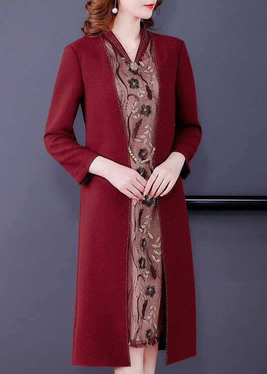 Stylish Mulberry V Neck Patchwork Embroideried Silk Fake Two Piece Dress Bracelet Sleeve LY1689