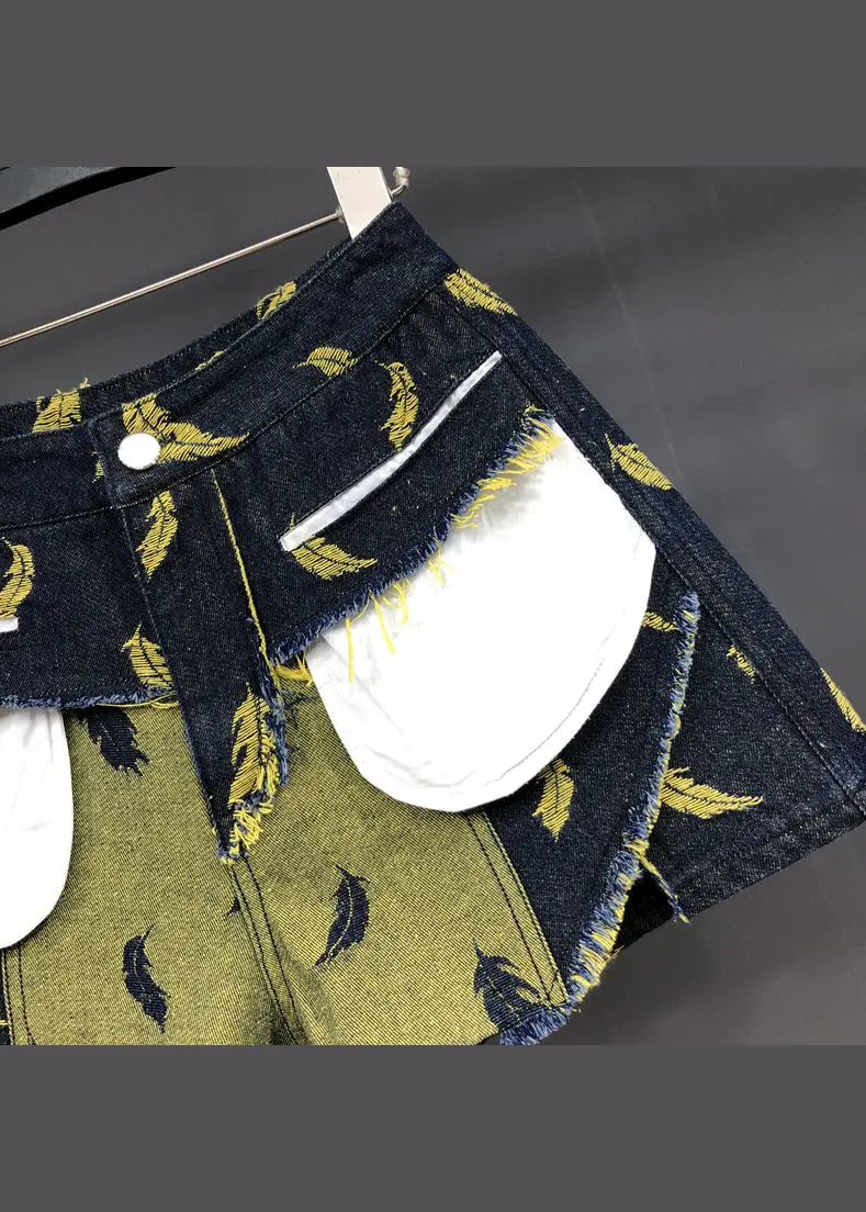 Stylish Navy Feathers Embroideried Patchwork Denim Shorts Summer Ada Fashion