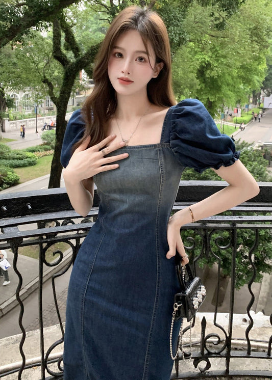 Stylish Navy Gradient Color Square Collar Denim Dress Puff Sleeve Ada Fashion