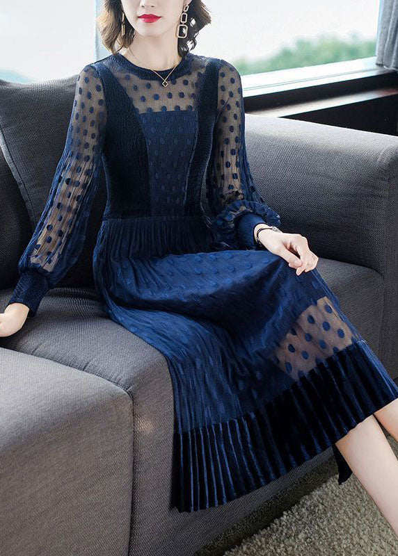 Stylish Navy Hollow Out Patchwork Tulle Long Dress Spring LC0066 - fabuloryshop