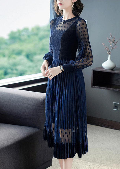 Stylish Navy Hollow Out Patchwork Tulle Long Dress Spring LC0066 - fabuloryshop