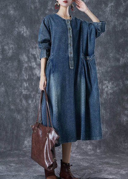 Stylish Navy Oversized Pockets Denim Robe Dresses Fall Ada Fashion