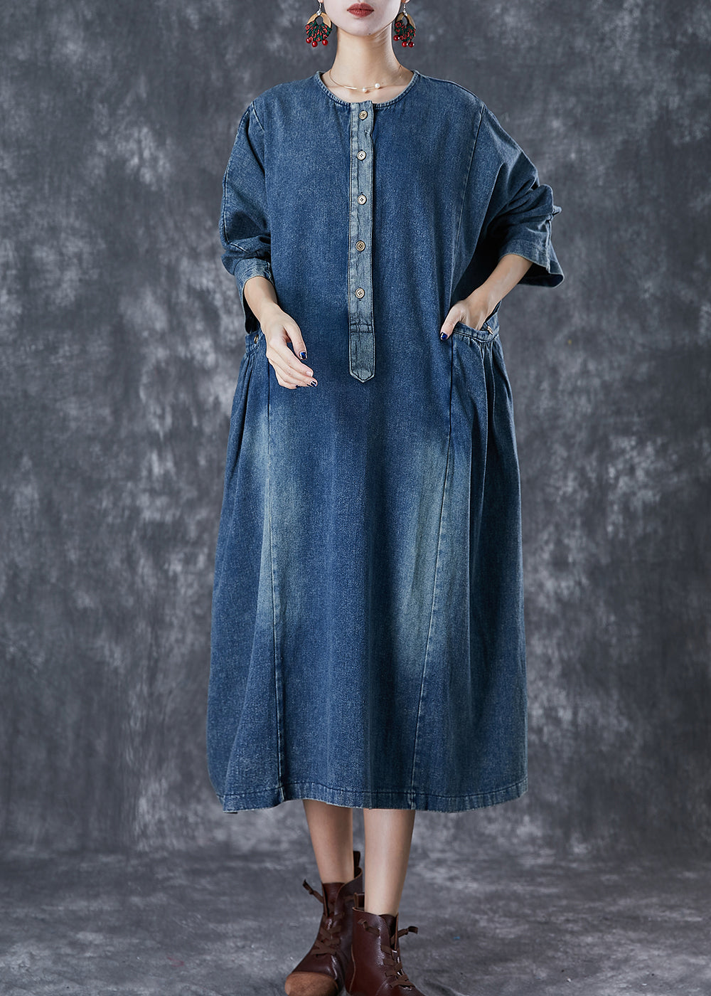 Stylish Navy Oversized Pockets Denim Robe Dresses Fall Ada Fashion