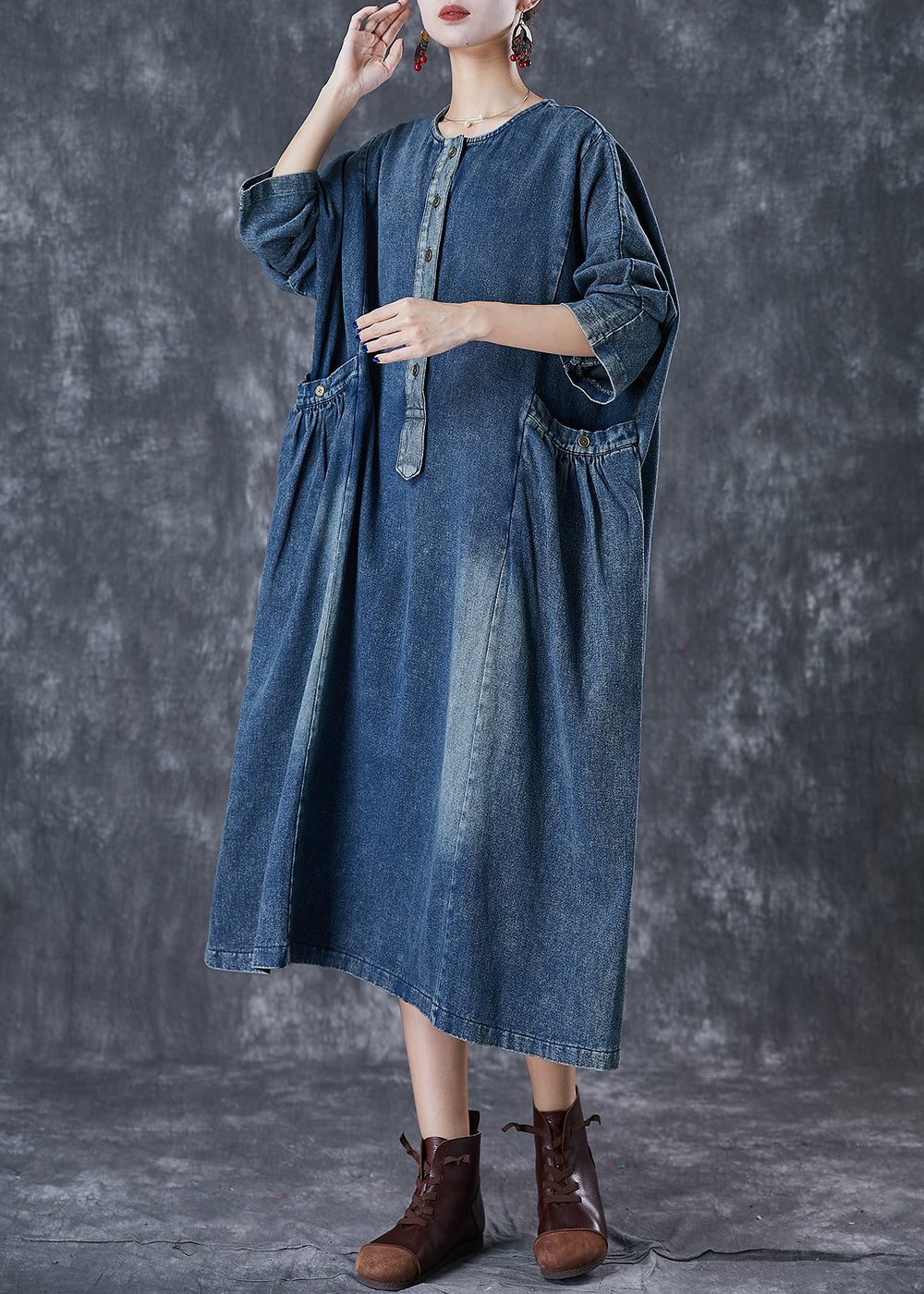 Stylish Navy Oversized Pockets Denim Robe Dresses Fall Ada Fashion