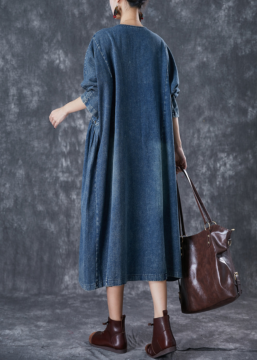 Stylish Navy Oversized Pockets Denim Robe Dresses Fall Ada Fashion