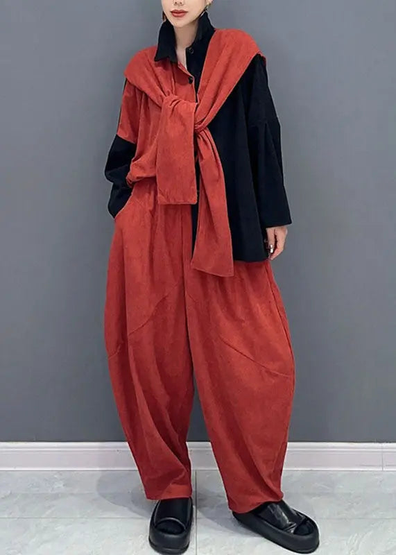 Stylish Orange Patchwork Black Asymmetrical Cape Top And Harem Pants Two Pieces Set Long Sleeve Ada Fashion