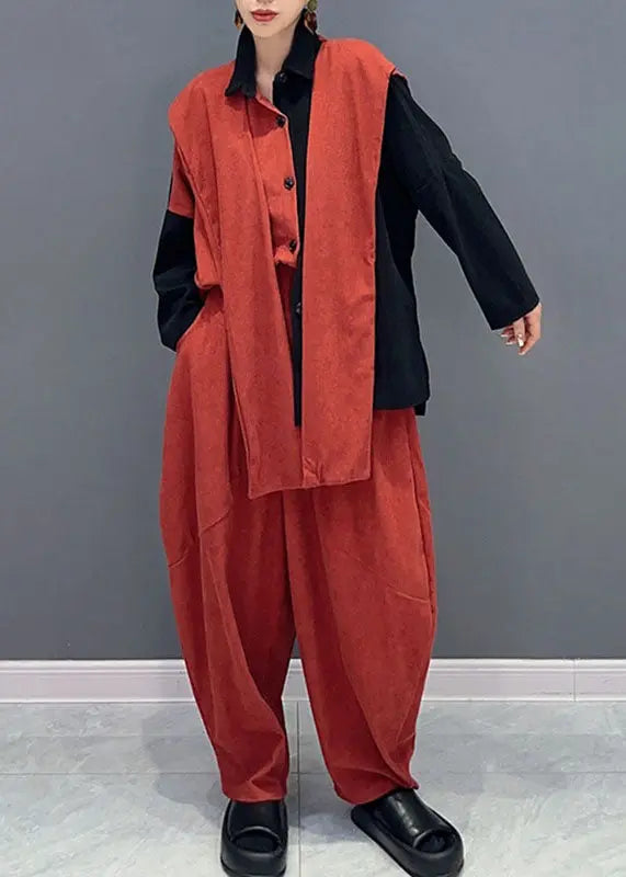 Stylish Orange Patchwork Black Asymmetrical Cape Top And Harem Pants Two Pieces Set Long Sleeve Ada Fashion