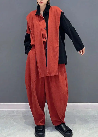 Stylish Orange Patchwork Black Asymmetrical Cape Top And Harem Pants Two Pieces Set Long Sleeve Ada Fashion