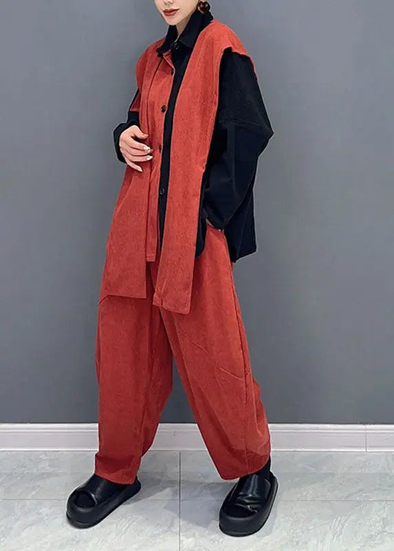 Stylish Orange Patchwork Black Asymmetrical Cape Top And Harem Pants Two Pieces Set Long Sleeve Ada Fashion