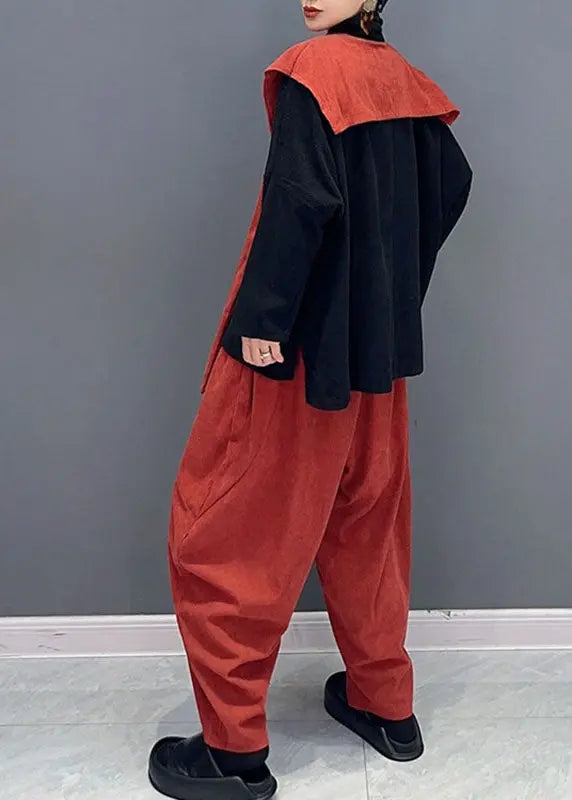 Stylish Orange Patchwork Black Asymmetrical Cape Top And Harem Pants Two Pieces Set Long Sleeve Ada Fashion