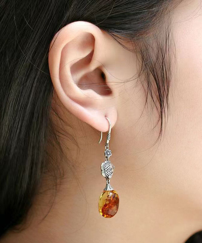 Stylish Orange Sterling Silver Water Droplet Amber Drop Earrings Ada Fashion