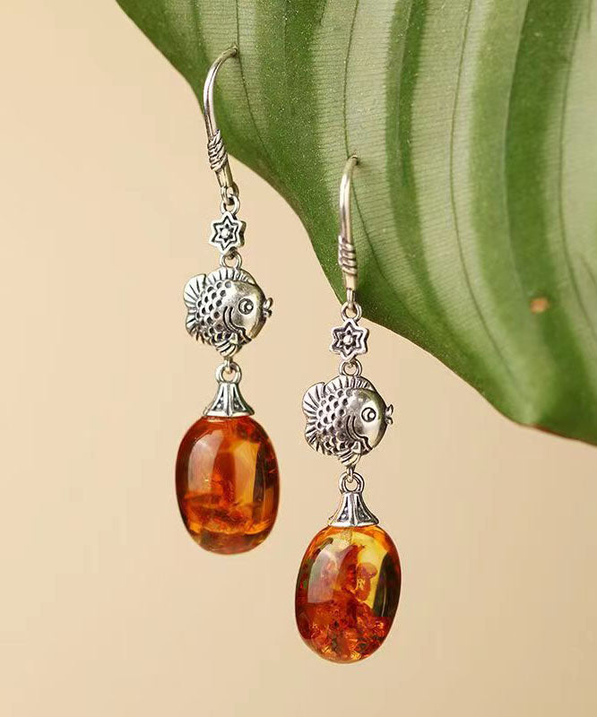 Stylish Orange Sterling Silver Water Droplet Amber Drop Earrings Ada Fashion