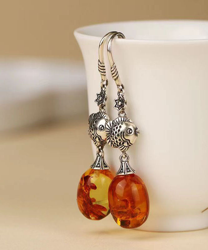 Stylish Orange Sterling Silver Water Droplet Amber Drop Earrings Ada Fashion