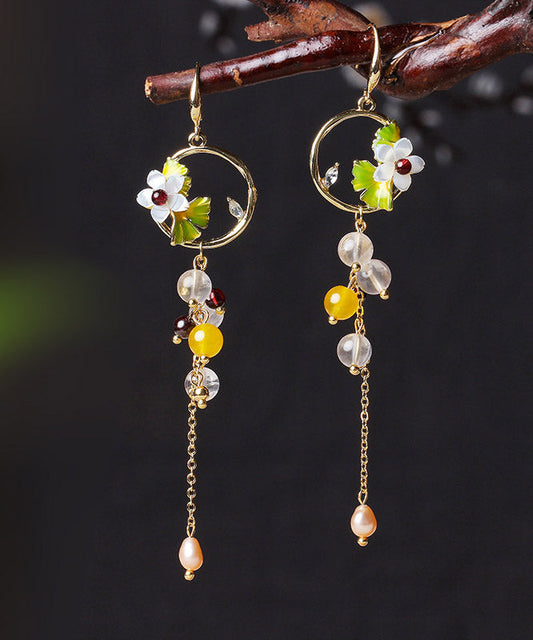 Stylish Overgild Gem Stone Chalcedony Crystal Pearl Cloisonne Shell Flower Metal Drop Earrings LY2206